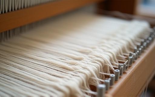 Nærbilde av en tradisjonell vevstol i aksjon.